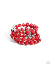 Load image into Gallery viewer, Stack of red beaded bracelets on a white background