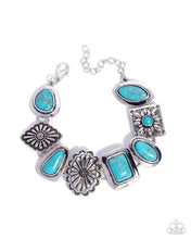 Load image into Gallery viewer, Necklace with turquoise stones and silver floral designs on a white background