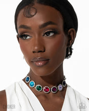 Load image into Gallery viewer, Woman wearing a colorful gemstone necklace on a white background