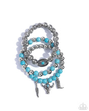 Load image into Gallery viewer, Western Wardrobe - Blue Turquoise Silver Cowboy Boot Skull Stretchy Bracelet Stack - Paparazzi
