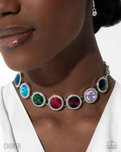 Load image into Gallery viewer, Multicolored gemstone choker necklace on a model with a white top
