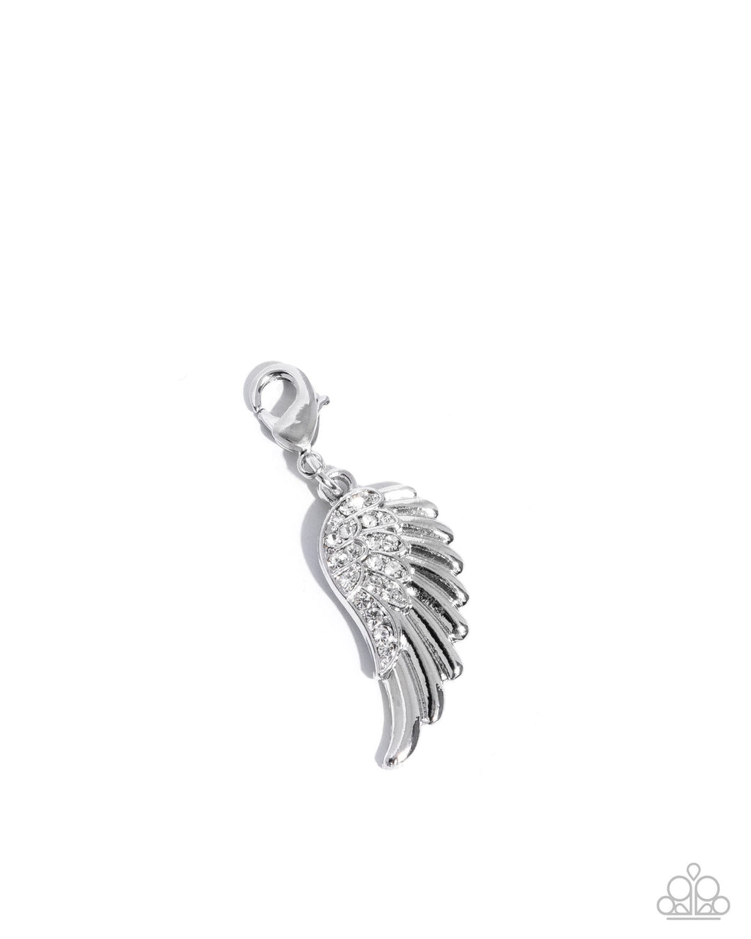 Angelic Assistance - White Rhinestone Angel Wing Rhodium Plated Charm - Paparazzi