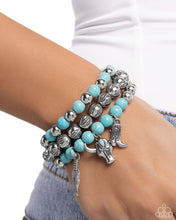 Load image into Gallery viewer, Western Wardrobe - Blue Turquoise Silver Cowboy Boot Skull Stretchy Bracelet Stack - Paparazzi
